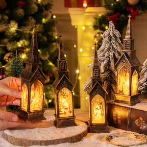 Set of 4 vintage bronze LED Christmas lantern church ornaments with festive deer and Santa scenes