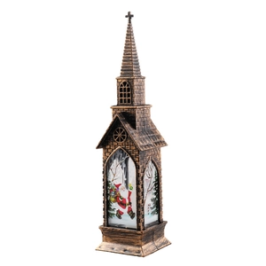Christmas church-shaped lantern with Santa Claus glass painting and bronze vintage finish