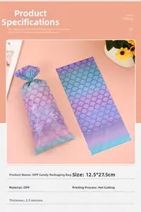 Detail view of mermaid scale candy bags with dimensions 12.5x27.5cm and 2.5 silk thickness