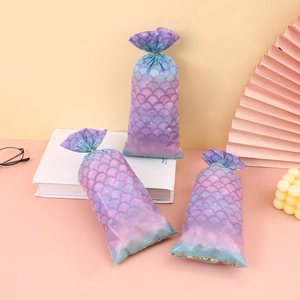 Gradient mermaid scale print plastic gift bags with drawstring for candy and party favors
