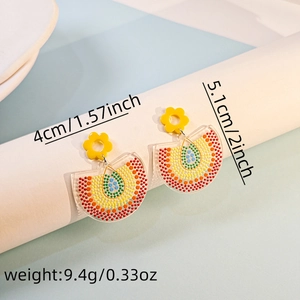 Detailed view of blue floral oil painting acrylic earrings with size and weight specs