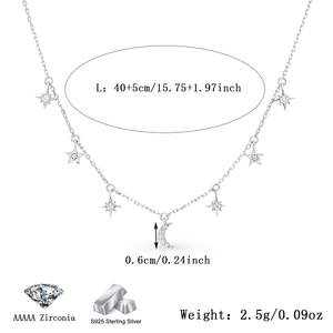 Detail of S925 sterling silver necklace showing 40+5cm chain length and moon zircon pendant