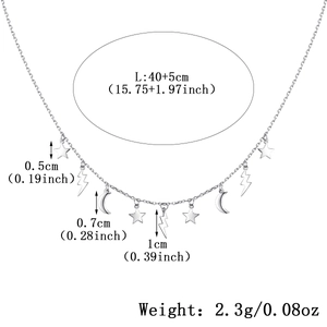 Detail showing S925 sterling silver necklace dimensions with star and moon charms