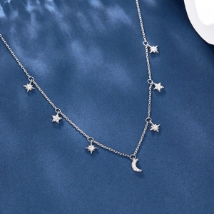 Elegant S925 sterling silver necklace with five sparkling stars and a crescent moon pendant