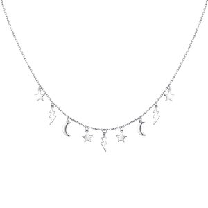 Detailed view of S925 silver necklace with sparkling star and moon charms on a delicate chain