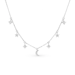 Detailed view of S925 sterling silver necklace with pavé crescent moon and star charms