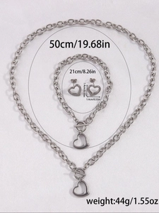Detailed size specifications for stainless steel necklace bracelet and heart earring set