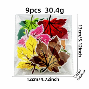 Close-up view of 9 multicolored maple leaf embroidery patches showing dimensions and weight info