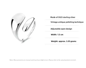 Close-up of S925 sterling silver open ring showing 1.5cm width and 3.05g weight specs