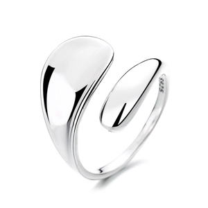 Minimalist S925 sterling silver open ring with polished asymmetric water drop design