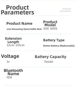 Detailed specifications table for Bluetooth selfie stick showing 32cm to 100cm extension