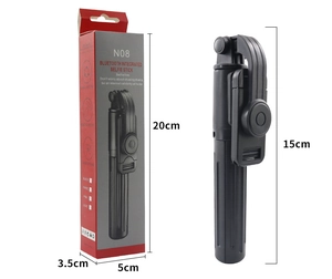 Folded N08 Bluetooth selfie stick next to retail box showing 15cm compact portable design