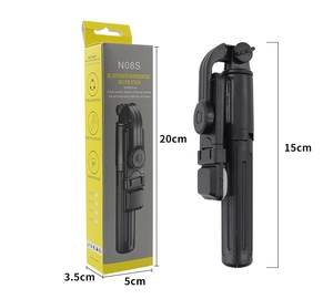 Detail view of foldable Bluetooth selfie stick N08S with compact packaging and tripod dimensions