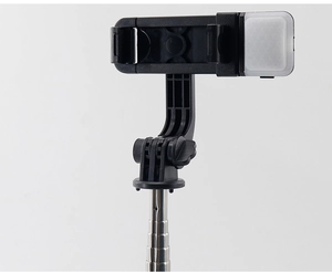 Macro view of adjustable phone holder with integrated LED fill light and metal extension rod