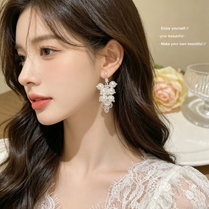 Elegant grape-shaped pearl earrings with sparkling zircon crystals and silver hooks