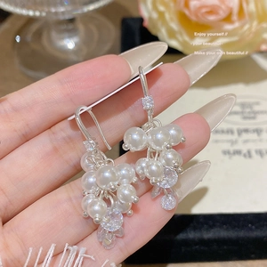 Elegant grape cluster pearl earrings with zircon stones on silver hooks for women