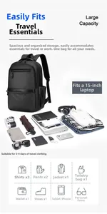 Detail view of large business backpack showing storage for 15 inch laptop and travel gear