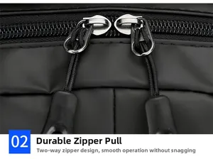 Detail of durable double metal zippers with woven pullers on waterproof black nylon backpack