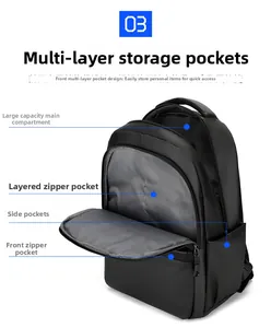 Macro shot showing internal compartments and multi-layer storage of the black travel backpack