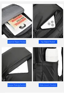 Detailed view of the black multi-compartment backpack with anti-theft and side pockets