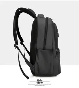 Side view of black business backpack showing layered zipper design and breathable mesh padding