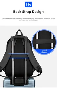 Macro view of functional luggage trolley strap on durable black business backpack