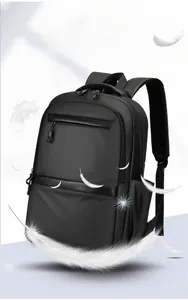 Close-up of lightweight black business backpack with waterproof fabric and front pockets