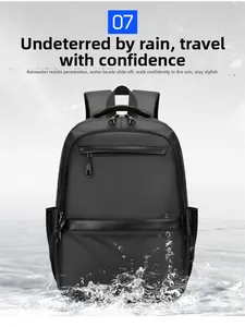 Waterproof detail of black business backpack showing rainproof fabric and zippers