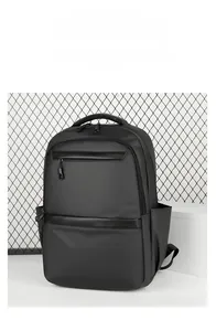 Detail of waterproof black business backpack with reinforced handle and hidden zippers