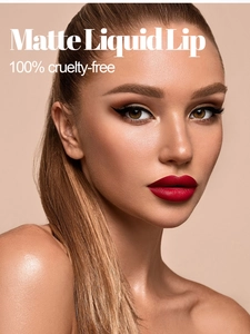 Primo piano del rossetto liquido rosso opaco sulle labbra con alta saturazione