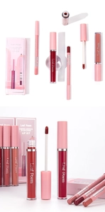 Dettaglio del kit rossetto liquido opaco e matita labbra coordinata in diverse tonalità