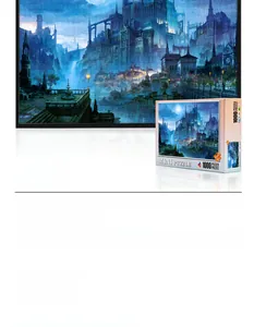 Detail of 1000-piece mini puzzle with night castle scene and eco-friendly packaging box