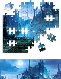 Detailed macro view of interlocking fantasy puzzle pieces with matching reference image