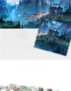 Detail of interlocking white card jigsaw puzzle showing a blue fantasy castle illustration