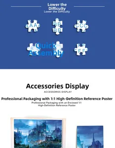 Detail view of 1000-piece puzzle parts with partitioned letters and a HD reference poster