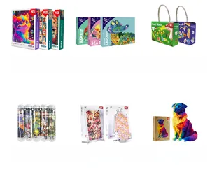 Selection of various puzzles including rainbow cat, 1000 pieces, wooden and acrylic styles