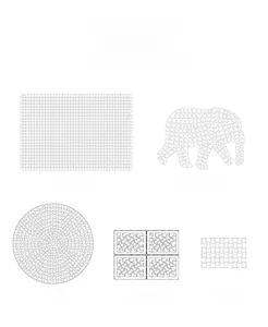 Detail showing five die-cut puzzle shapes including animal and geometric line art patterns