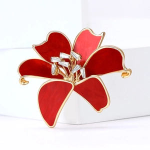 Elegant red lily flower brooch with gold plating and cubic zirconia for women coat
