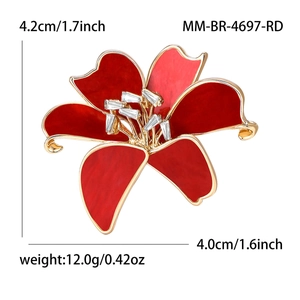 Elegant red lily flower brooch with rhinestones and gold-tone finish for women's suits