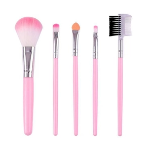 Five-piece pink makeup brush set including powder, eyeshadow, and eyebrow brushes on white background