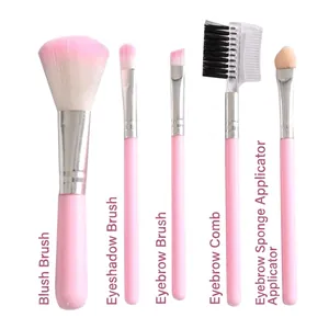 Detail of 5-piece pink makeup brush set including blush, eyeshadow, and eyebrow brushes