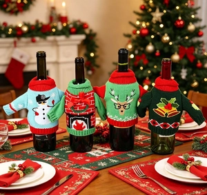 Detail showing four knitted Christmas wine bottle covers with festive patterns on a table
