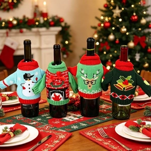 Christmas Knitted Wine Bottle Cover Mini Sweater Reindeer Snowman Bell Patterns Festive Dining Table Party Decor Home