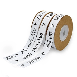 Three-roll wedding ribbon set with Mr & Mrs and Just Married prints on white cotton rolls