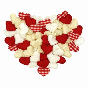 Macro view of assorted red and white heart ribbon decorations for floral bouquets