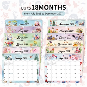 Close-up of 18-month wall calendar with twin-wire binding and floral watercolor illustrations