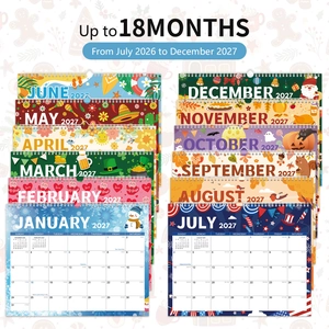 Detail of 18-month 2026-2027 wall calendar with double-wire binding and holiday designs