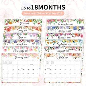 Detail view of 18-month hanging calendar with floral designs and spiral binding