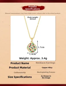 Detail view of round gold necklace pendant with colorful zircon stones and size specifications