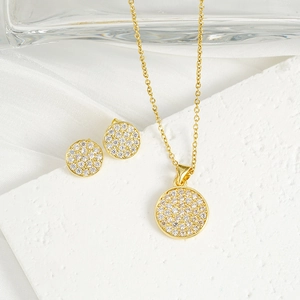 Luxury Gold Plated Copper Round Medallion Pendant Necklace And Stud Earrings For Women Clear Colorful Zirconia Pavé Jewelry
